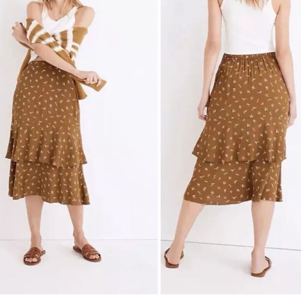 Madewell - Ruffle Tiered Midi Skirt in Daisy Stitch Weathered Olive Green - XS